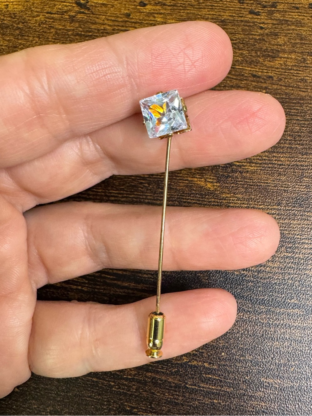 Vintage Gold Stick Pin with Clear Square Crystal